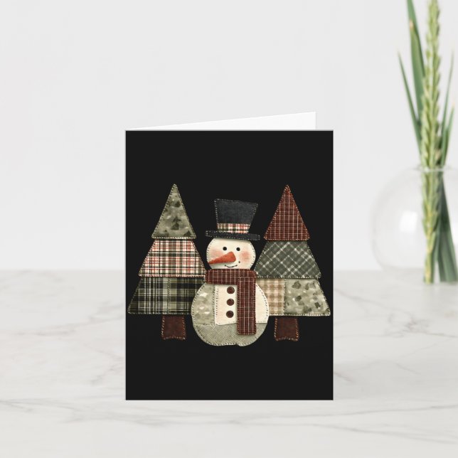 Snowman Trees Patchwork Plaid Trees Rustic Christm Card (Front)