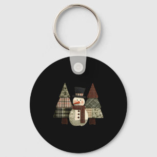 Snowman Trees Patchwork Plaid Trees Rustic Christm Key Ring