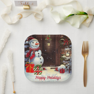 Snowman Vintage Christmas Scene Paper Plate