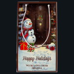 Snowman Vintage Christmas Scene Small Gift Bag<br><div class="desc">This is an adorable Christmas gift bag featuring a Christmas scene of a snowman with gifts at the front door of a house in a vintage watercolor style. The text on the gift bag is customisable with your own.</div>