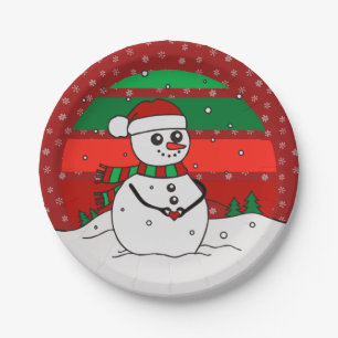 Snowman Vintage Rainbow Snowflakes Red Green 7" Paper Plate