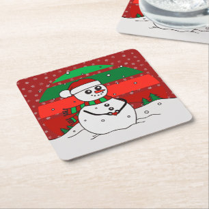 Snowman Vintage Rainbow Snowflakes Red Green Square Paper Coaster