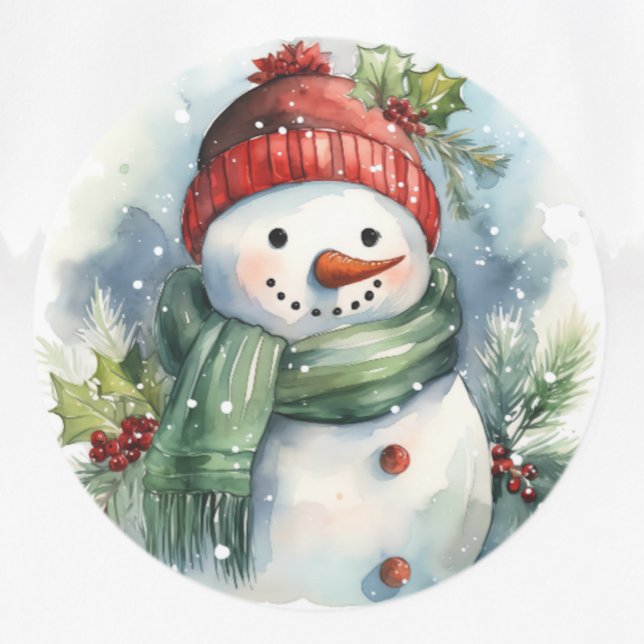 Snowman Watercolor Cute Christmas Classic Round Sticker (Creator Uploaded)
