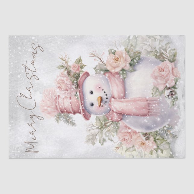 Snowman Watercolor Pink Winter Christmas Tissue Paper (Front)