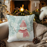 Snowman Watercolor Winter Woodland Christmas Cushion<br><div class="desc">Whimsical watercolor Christmas pillow features a snowy,  winter forest landscape and a cute snowman wearing a hat and scarf. Artwork by KL Stock.</div>