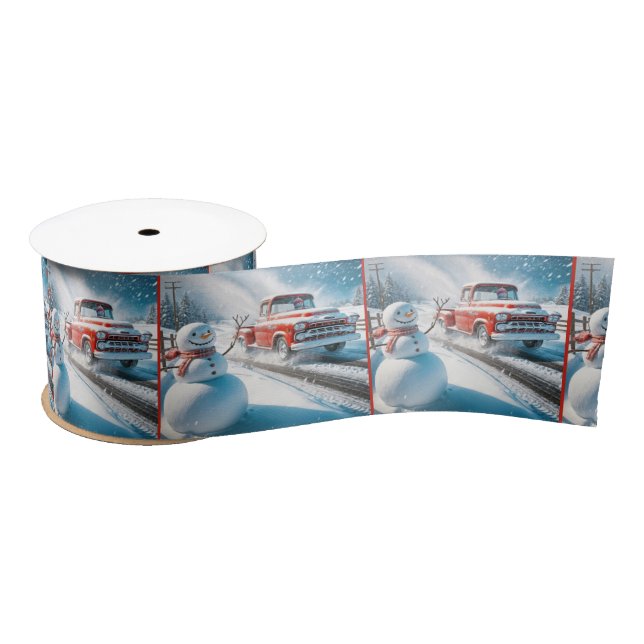 Snowman Waving at a Red Retro Truck Satin Ribbon (Spool)