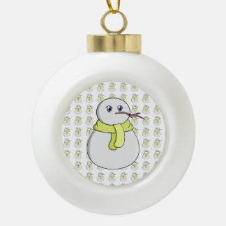 Snowman wearing a yellow scarf ceramic ball christmas ornament