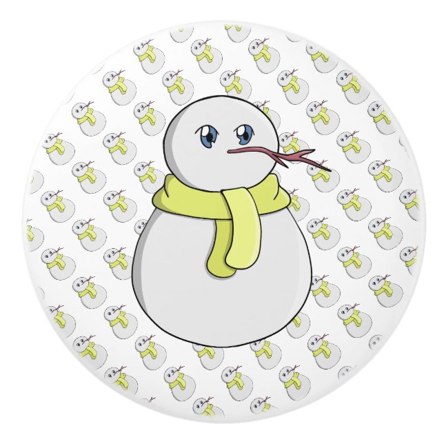 Snowman wearing a yellow scarf ceramic knob (Front)