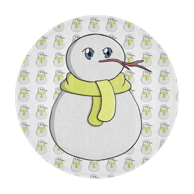 Snowman wearing a yellow scarf cutting board (Front)