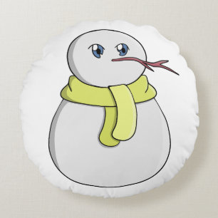 Snowman wearing a yellow scarf round cushion