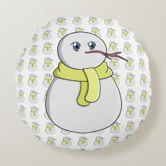 Snowman wearing a yellow scarf round cushion