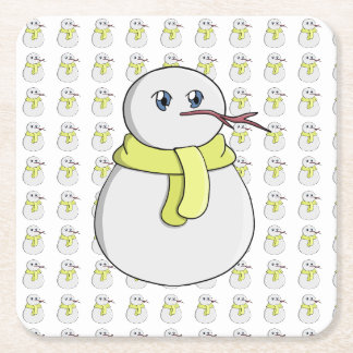 Snowman wearing a yellow scarf square paper coaster