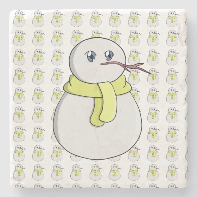 Snowman wearing a yellow scarf stone coaster (Front)