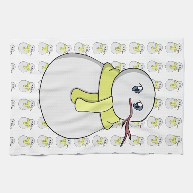 Snowman wearing a yellow scarf tea towel (Horizontal)