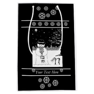 snowman wearing scarf and hat black and white art medium gift bag