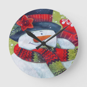 Snowman Wearing Scarf Round Clock