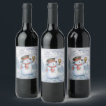 Snowman Winter Merry Typography Year Christmas Wine Label<br><div class="desc">Cute watercolor snowman with his broom in the snow with the year and greeting.  So cute for your holiday dinner table or a take home gift for all your family and friends.  See matching napkins and other companion items to complete your theme.</div>