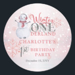 Snowman Winter ONEderland 1st Birthday Classic Round Sticker<br><div class="desc">Cute watercolor snowman with snow falling all around "Winter ONEderland 1st Birthday Party".  Design is in pink,  grey,  dusky blue,  off black and white.  Simply personalise with your child's name and the date. Composite design by Holiday Hearts Designs.</div>