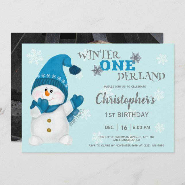 Snowman Winter Onederland First Birthday Photo Invitation (Front/Back)
