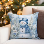 Snowman Winter Snow Blue Hat Scarf Cushion<br><div class="desc">Decorator pillow for the holidays with a cute snowman wearing a blue scarf and top hat.</div>
