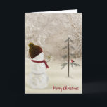 Snowman With a Christmas Gold Star Holiday Card<br><div class="desc">A cute snowman wearing a stocking cap and scarf holds a gold star for an old pine.
All text can be changed.</div>