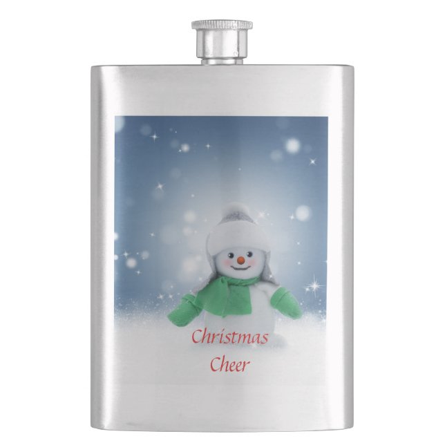 Snowman with a green scarf hip flask (Front)