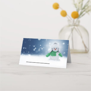 Snowman with a green scarf place card
