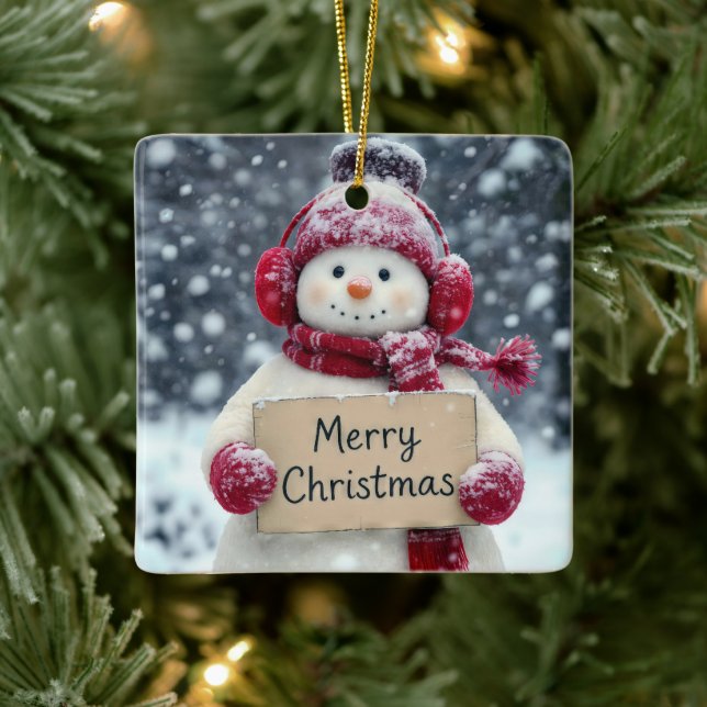 Snowman With a Merry Christmas Sign Ceramic Ornament (Tree)