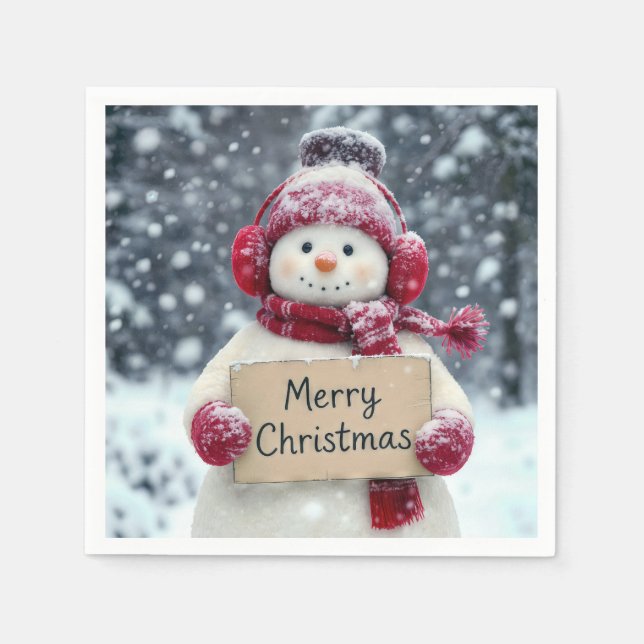 Snowman With a Merry Christmas Sign Napkin (Front)