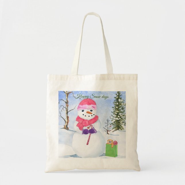 Snowman with a pink scarf Happy snow days Tote Bag (Front)