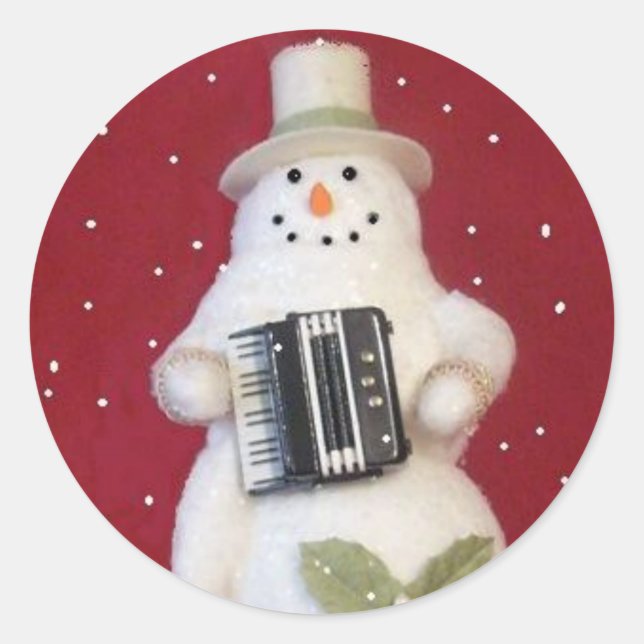 SNOWMAN WITH ACCORDION CLASSIC ROUND STICKER (Front)