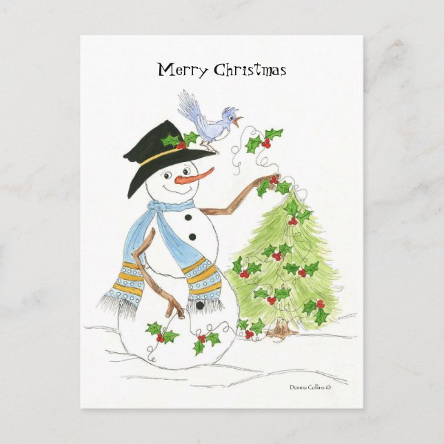 Snowman with blue bird holiday postcard (Front)