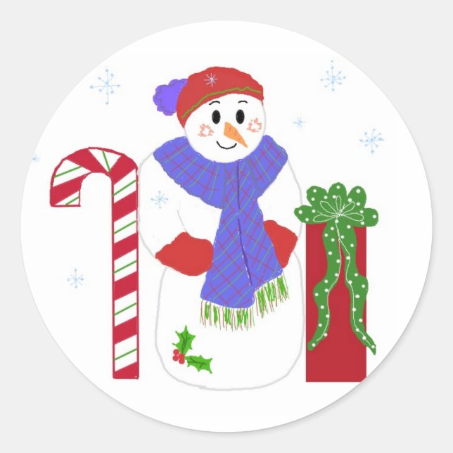 Snowman with Candy Cane Classic Round Sticker (Front)