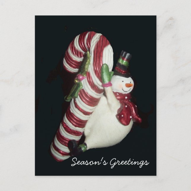 Snowman with Candy Cane Postcard (Front)
