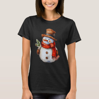 Snowman with Carrot Nose Red Chequered Scarf Winte T-Shirt