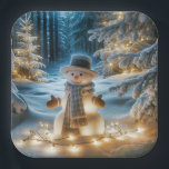 Snowman With Christmas Lights Paper Plate<br><div class="desc">A cheerful snowman wearing a scarf and hat stands in a snowy forest surrounded by illuminated trees with Christmas lights</div>