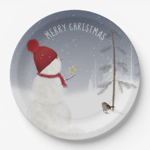 Snowman With Christmas Star  Paper Plate