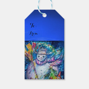 SNOWMAN WITH CHRISTMAS TREE AND TOYS ,Blue Gift Tags