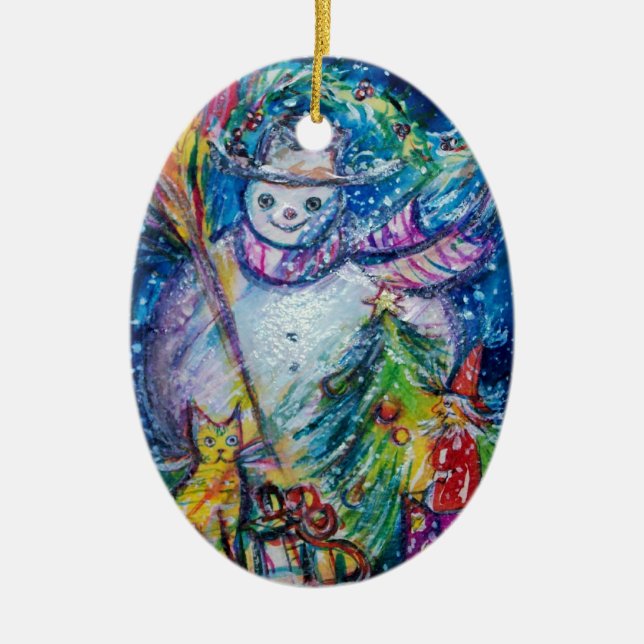 SNOWMAN WITH CHRISTMAS TREE AND TOYS CERAMIC TREE DECORATION (Front)