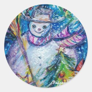 SNOWMAN WITH CHRISTMAS TREE AND TOYS CLASSIC ROUND STICKER