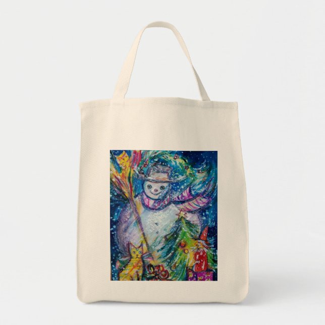 SNOWMAN WITH CHRISTMAS TREE AND TOYS Winter Season Tote Bag (Front)