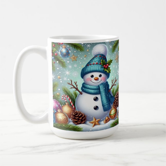 Snowman With Christmas Tree Ornament, Snowflakes Coffee Mug (Left)