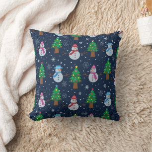 Snowman with Christmas trees and snowflakes Cushion
