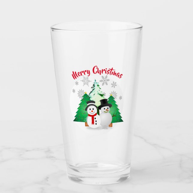 Snowman with Christmas Trees / Holiday Party Glass (Front)