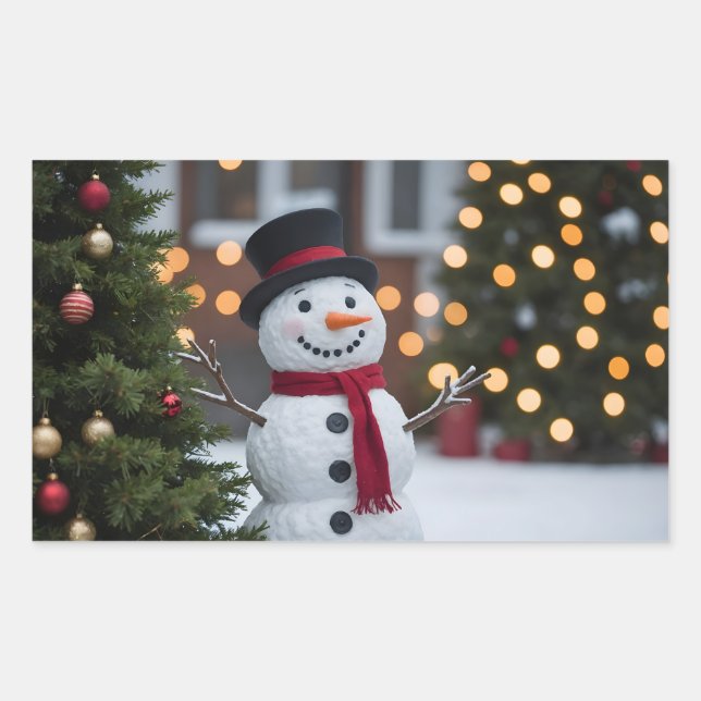 Snowman With Christmas Trees In The Winter Rectangular Sticker (Front)