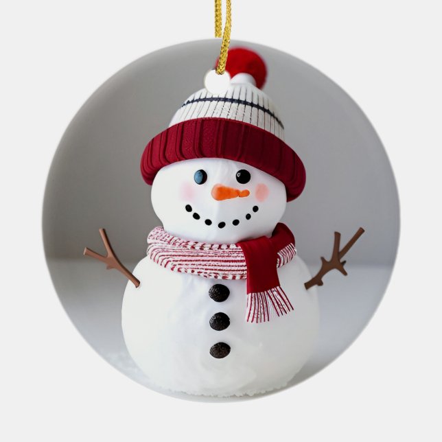 Snowman with cute Hat Ceramic Tree Decoration (Front)
