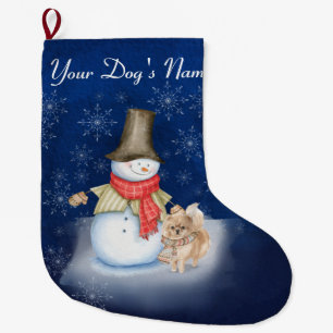 Snowman with dog- Pomeranian Lover Large Christmas Stocking