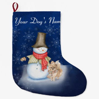 Snowman with dog- Pomeranian Lover Large Christmas Stocking