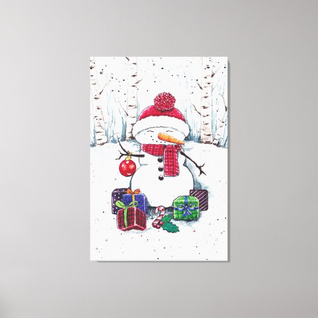 Snowman With Gifts In Watercolor  Canvas Print (Front)
