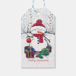 Snowman With Gifts In Watercolor Gift Tags